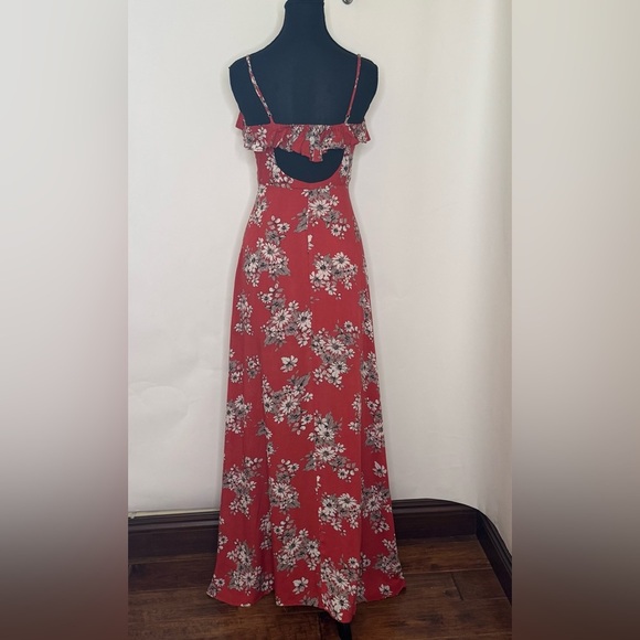 Lulus Bloom On Rust Floral Print Long Maxi Dress w/Side Slit, Red, Size XS - Picture 7 of 16